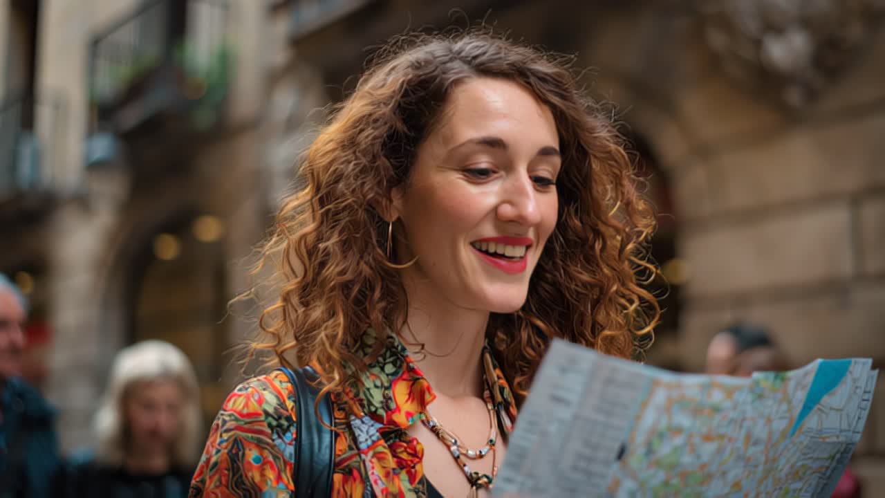 Giovane donna allegra con i capelli ricci sorride mentre legge una mappa della città in una trafficata strada del centro storico, catturando lo stile di vita spensierato del viaggio urbano, delle visite turistiche e dell'avventura in solitaria alla luce del giorno.