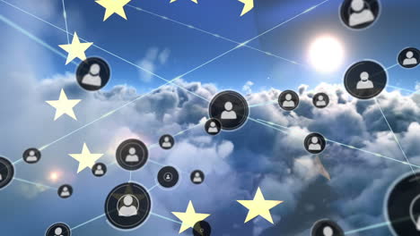 Animation-of-network-of-connections-with-icons-over-flag-of-european-union-and-clouds