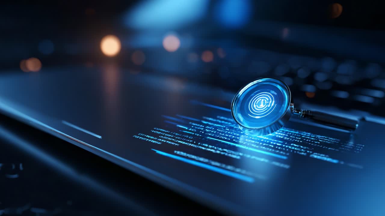 Exploring Digital Information: A High-Tech Magnifying Glass Overlays Code and Data on a Laptop Keyboard in a Dark, Futuristic Environment Illuminated by Blue Light