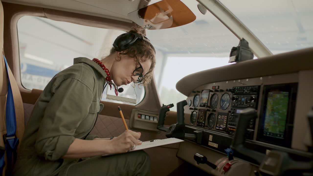 Female Aircraft Inspector Examining Flight Instruments and Writing Notes