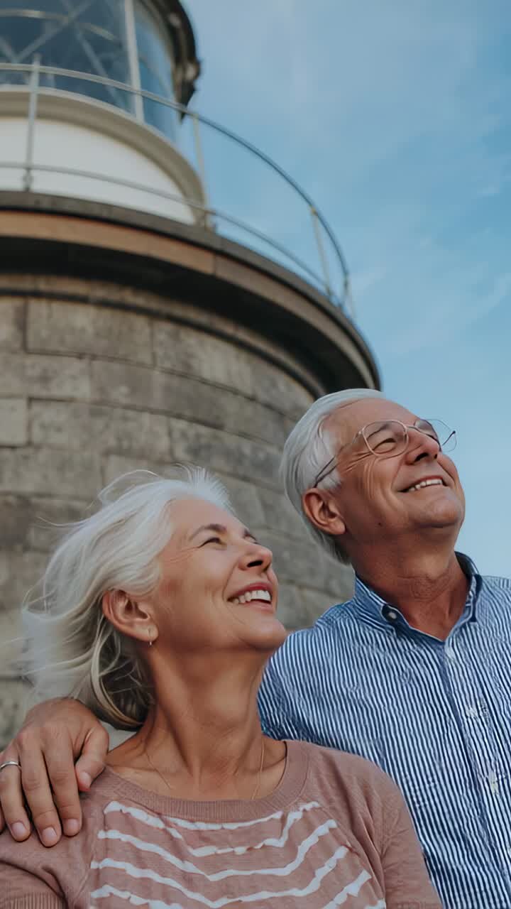 Vertical video: Smiling seniors spotting movement overhead and looking up at lighthouse in stripes