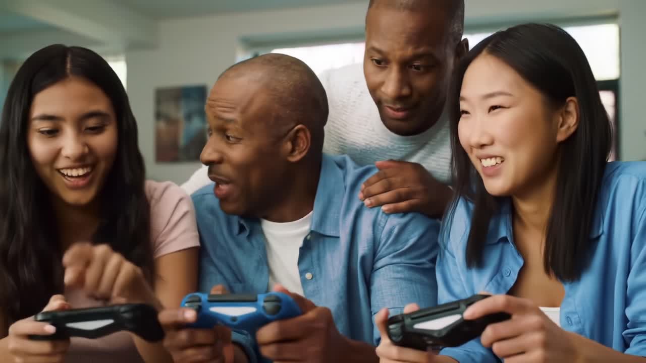Engaging Family Game Night with Friends: A Group of Four Enthusiastic Players Bonding Over Video Games in a Cozy Living Room Setting