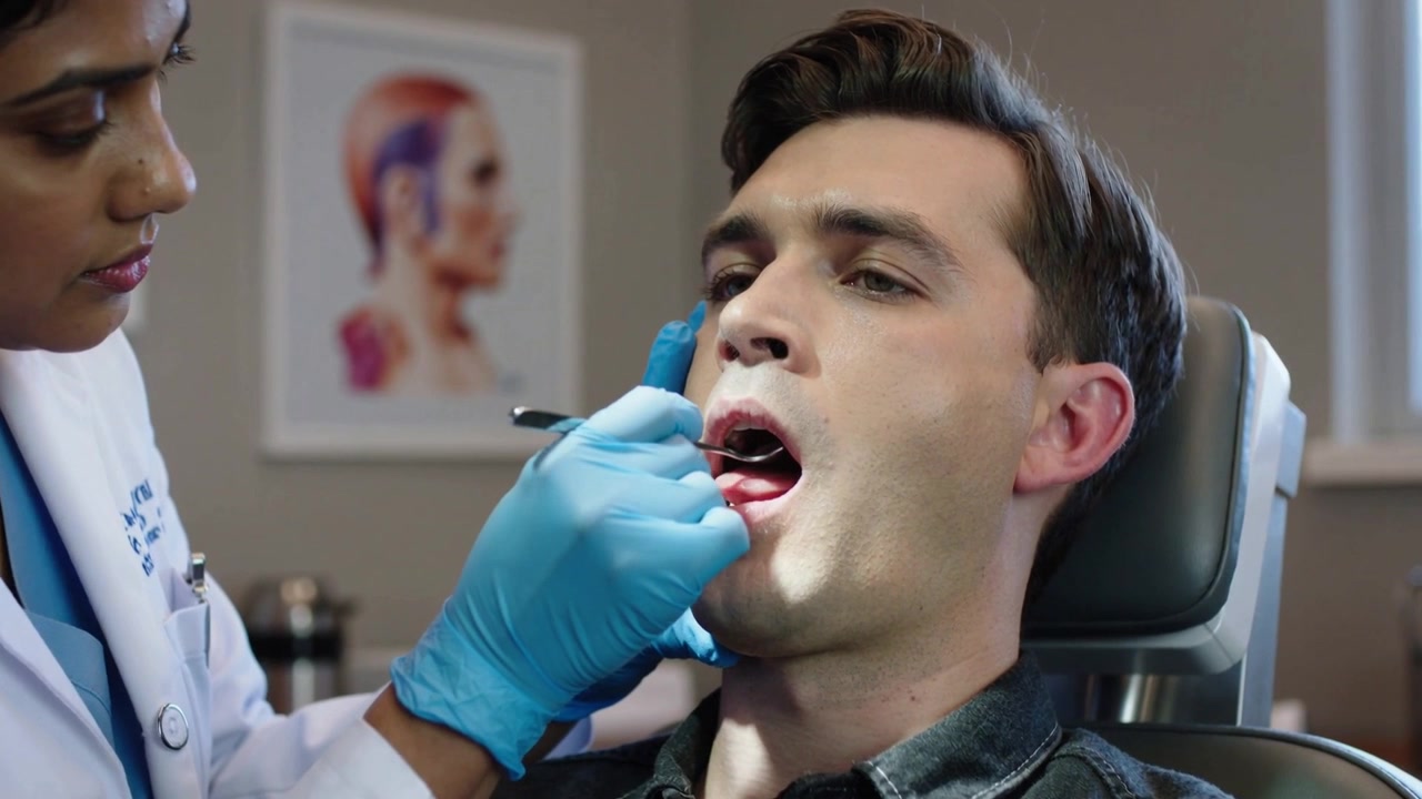 Examining labcoat dentist checking teeth after opening mouth in chair for exam using mirror and suct