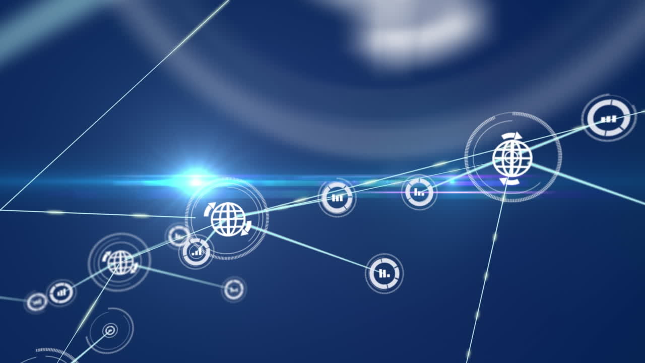Animation of network of digital icons and light spot against blue background