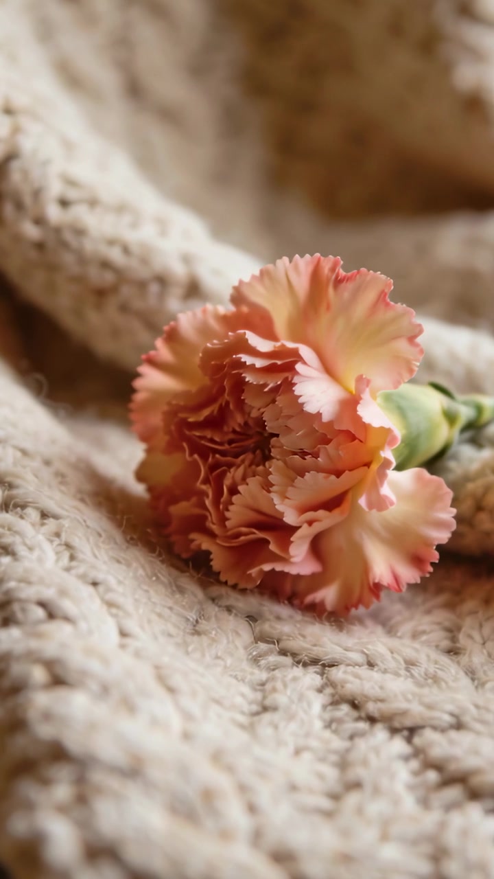 Vertical video: Autofocusing camera moving, focusing carnation on cream knit, showing texture