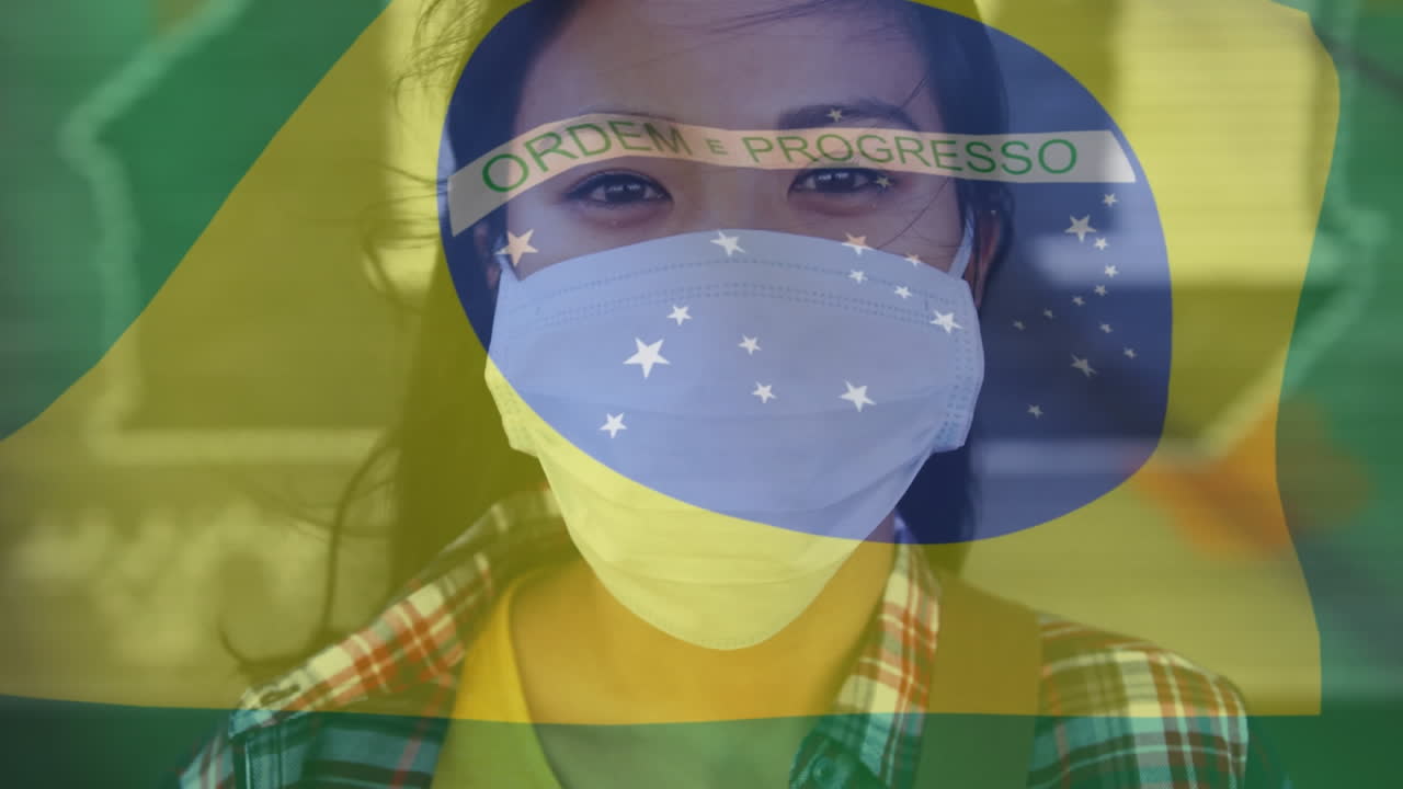 animación de la bandera de brasil ondeando sobre una mujer con máscaras faciales