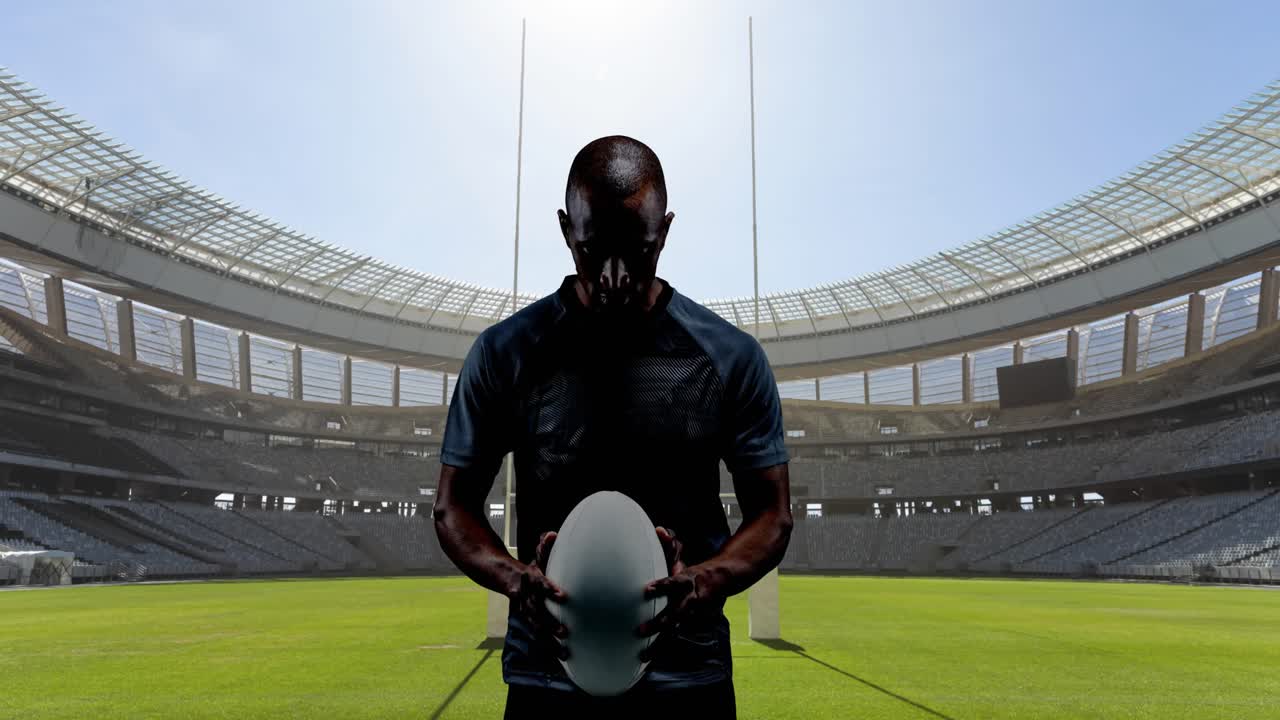Animace ragbyového hráče držícího míč a sportovkyně nad sportovním stadionem