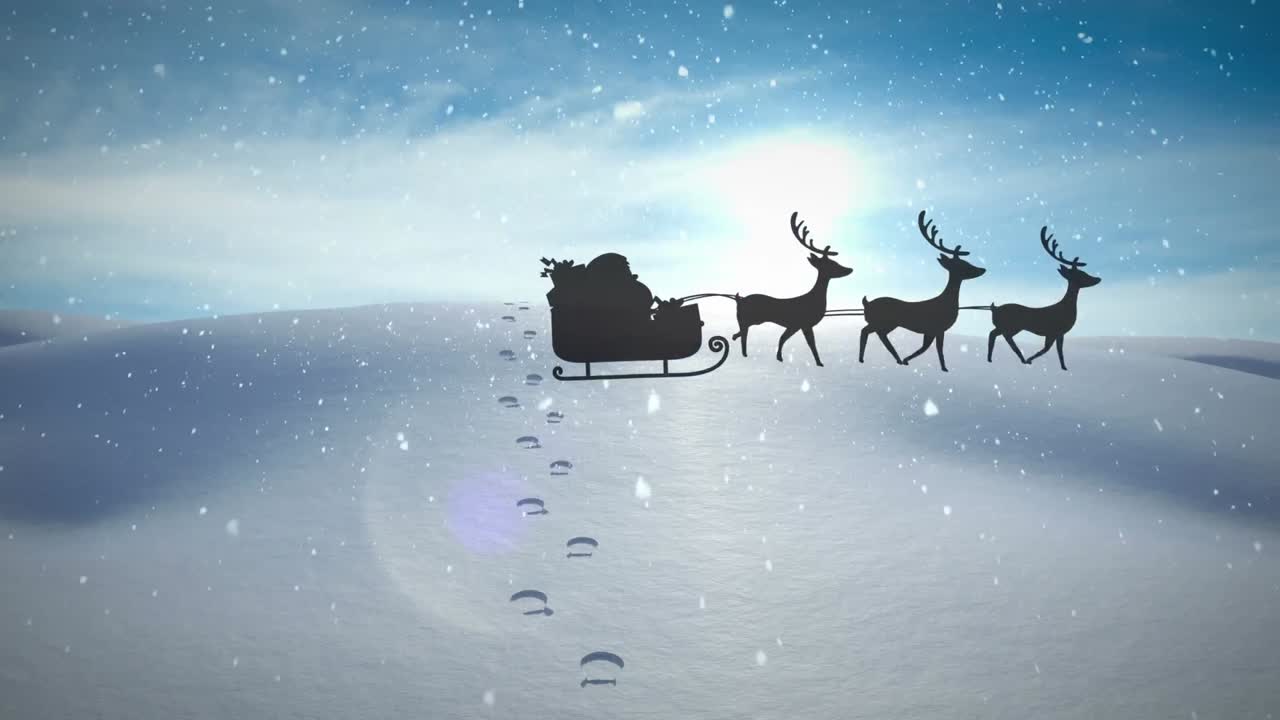 Animation of snow falling over santa claus in sleigh with reindeer and winter landscape