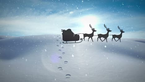 Animation-of-snow-falling-over-santa-claus-in-sleigh-with-reindeer-and-winter-landscape