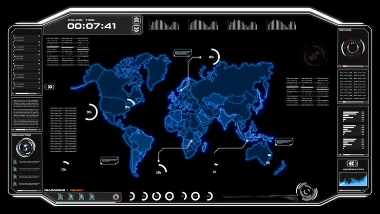 4K Animation UI User Interface with map data HUD pi bar text box table and element on dark abstract background for futuristic technology concept