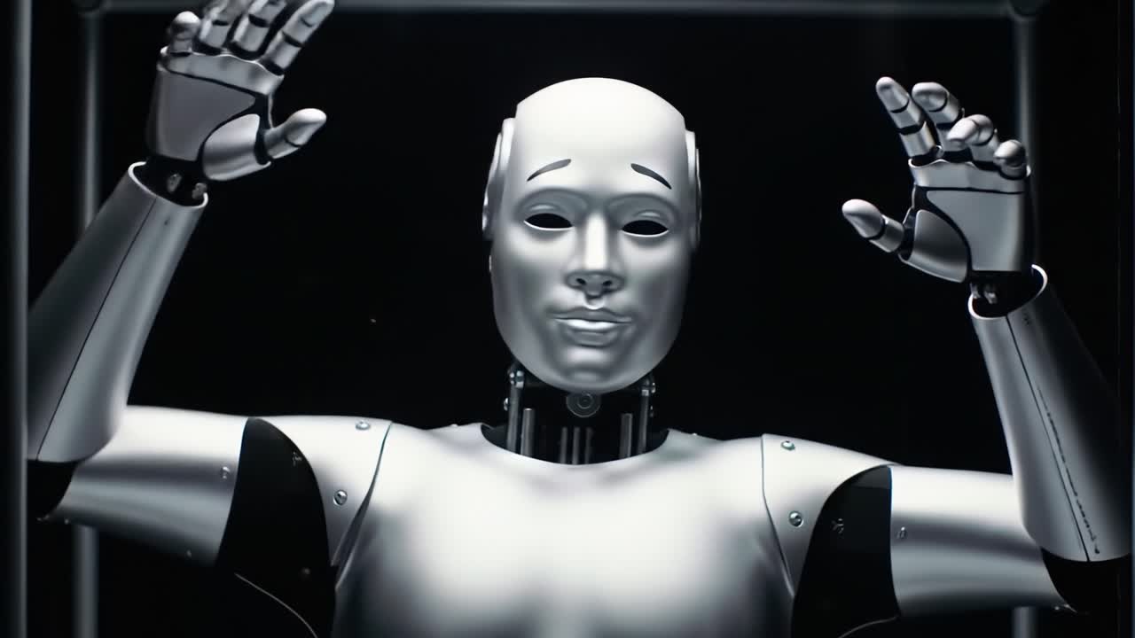 An Advanced Humanoid Robot Exhibiting Human-like Features and Expressions, Engaged in Dynamic Movement Within a Controlled Environment, Exploring AI and Robotics Technology