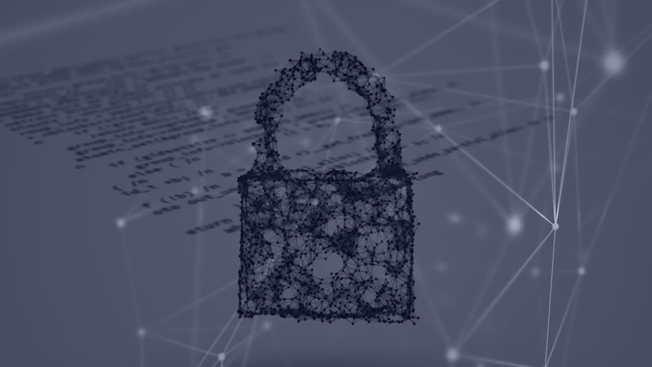 animación de la red de conexiones, icono de candado de seguridad y procesamiento de datos en fondo gris
