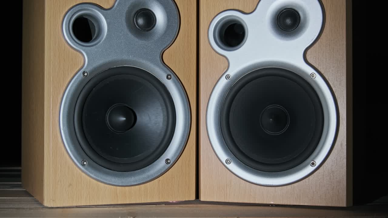 los altavoces de audio vibran de sonido bajo en cámara lenta sobre fondo negro