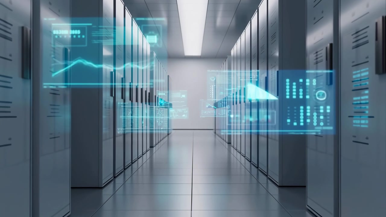 Centered aisle inside modern server room with parallel rows of tall racks, metal cabinet doors, ventilation slits, recessed handles, cool ceiling lights, reflective flooring, and clean industrial