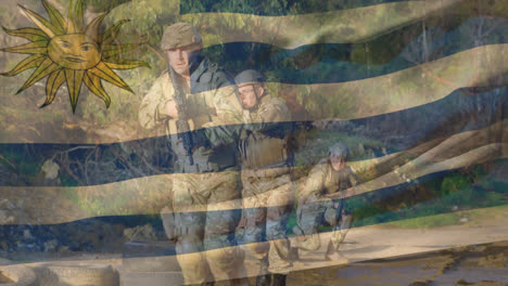 animation of flag of uruguay over diverse male soldiers