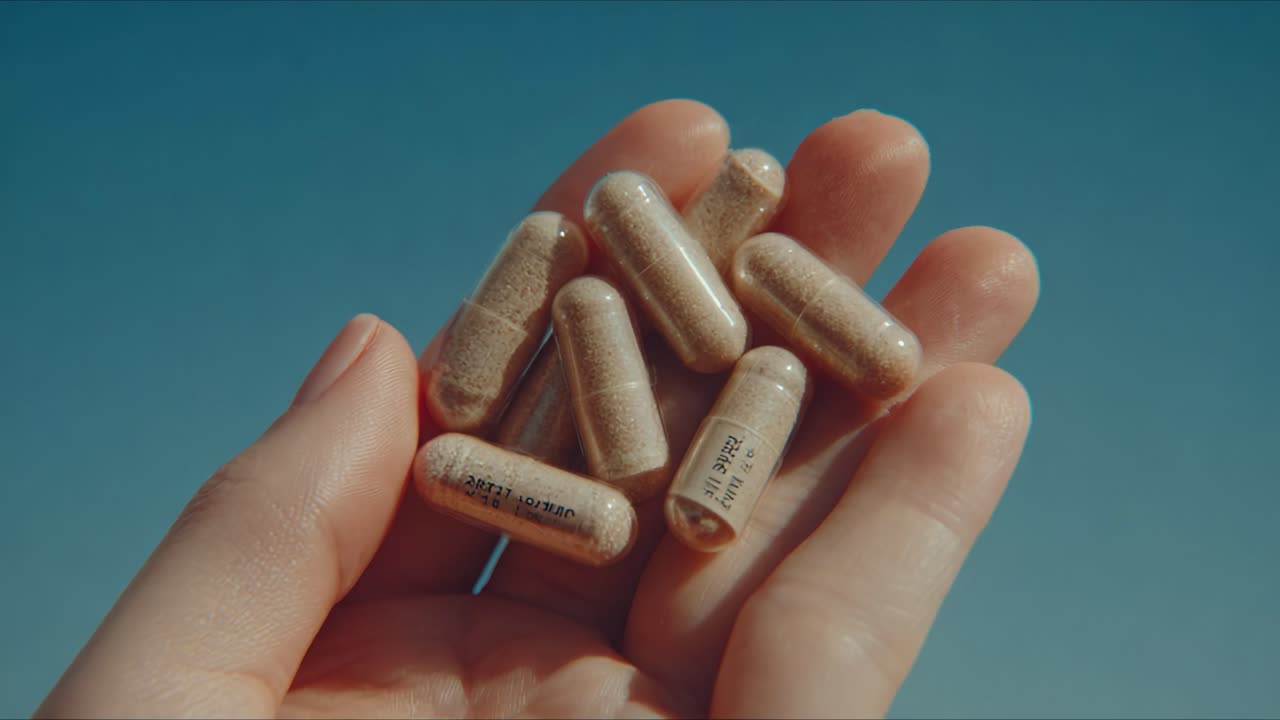 Close-Up of Hand Holding Natural Capsules Against a Clear Blue Background, Highlighting Health and Wellness Benefits of Herbal Supplements
