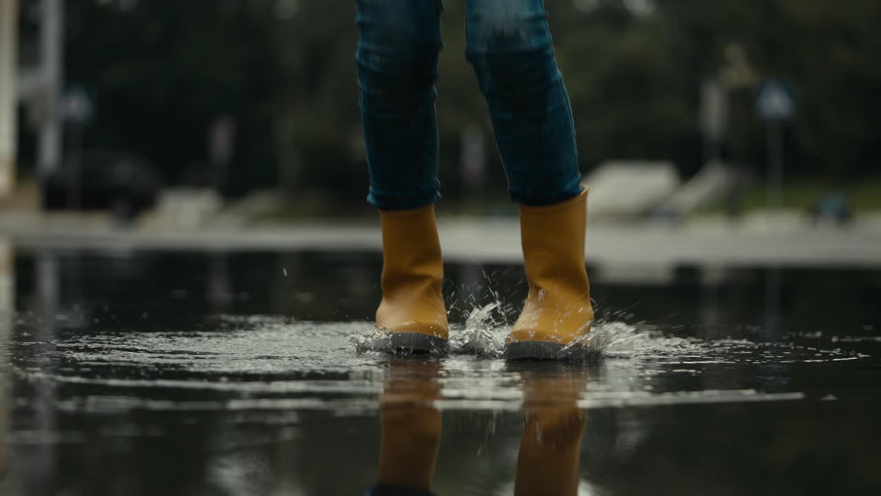 Close-up of a teenage girl in orange rubber boots jumping in a puddle and splashing water after rain in the park