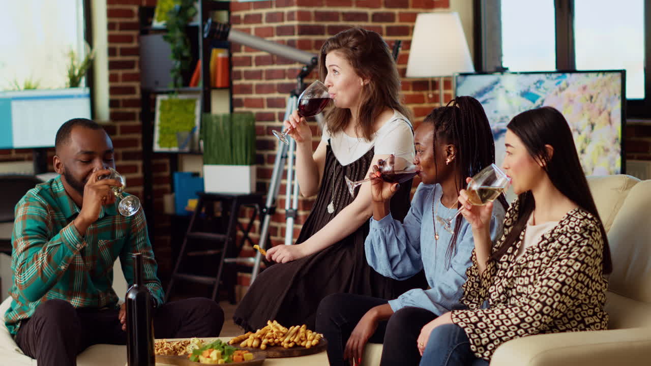 Joyful friends having reunion gathering, enjoying alcoholic drinks