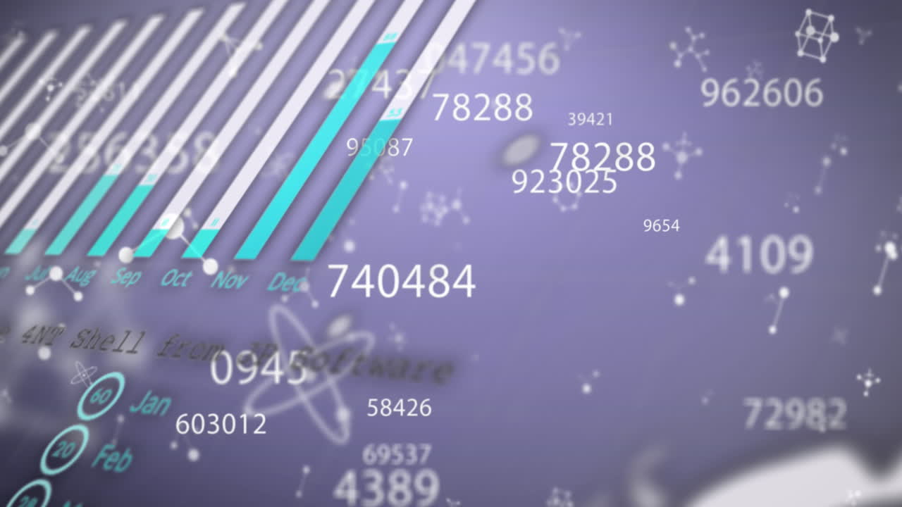 Digital animation of changing numbers, data processing and molecular structures on purple background