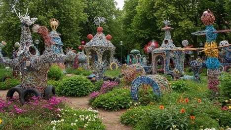 vibrant whimsical garden featuring unique wire sculptures surrounded by colorful flowers and lush greenery in a creative outdoor space