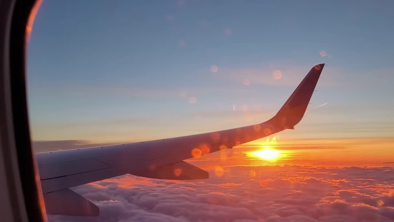 Vista de vídeo aérea da janela de um avião capturando um pôr do sol sereno acima das nuvens.