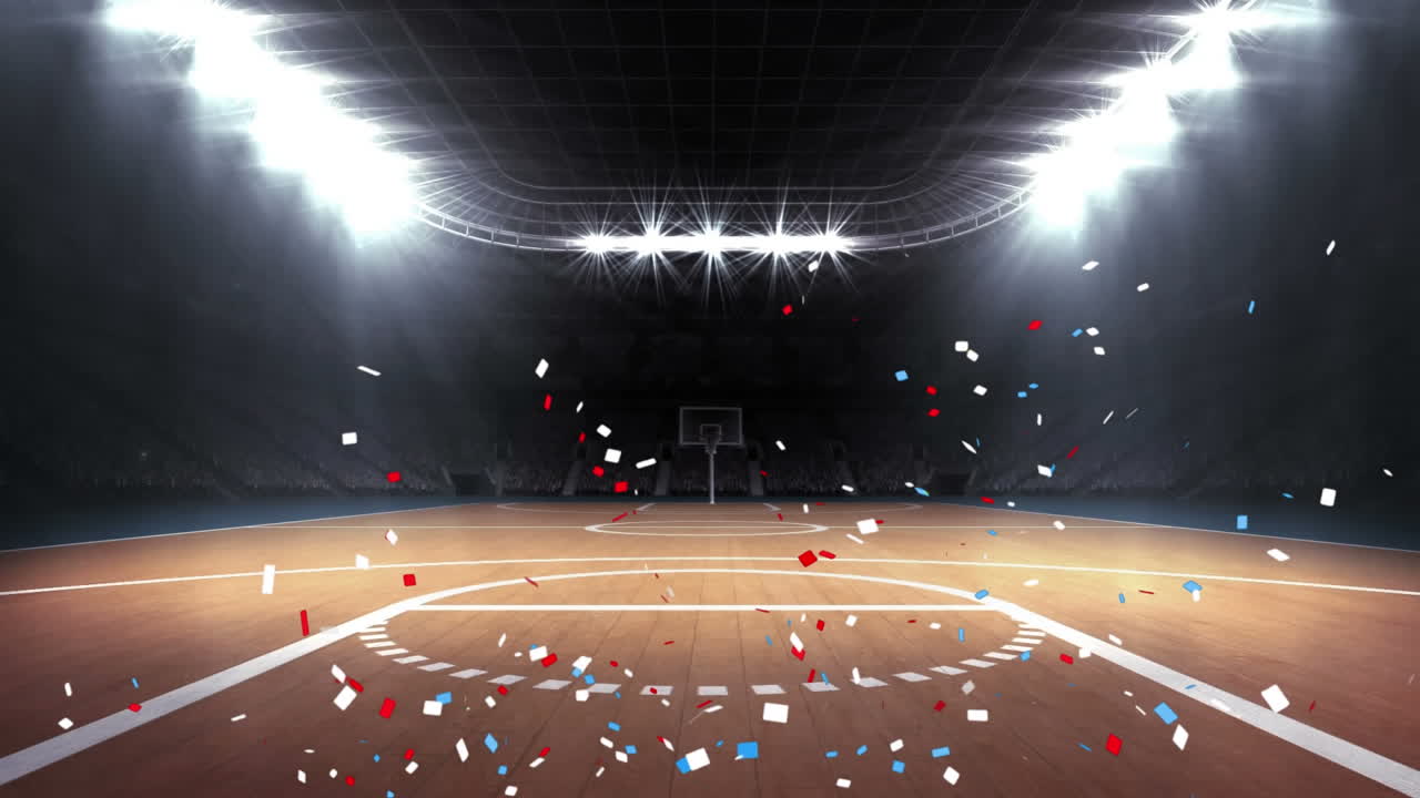 animación de confeti azul y rojo cayendo sobre el estadio deportivo