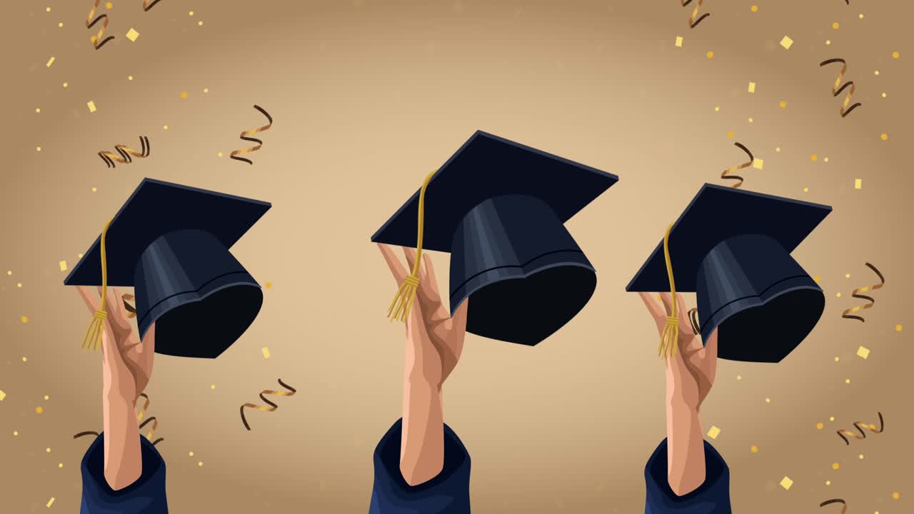 animación de celebración de la graduación con manos y sombreros