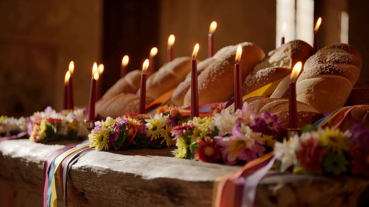 Kerzenbeleuchteter Altar mit Brot und Blumen auf rustikalem Holztisch, brennende Stabkerzen werfen warmes Licht