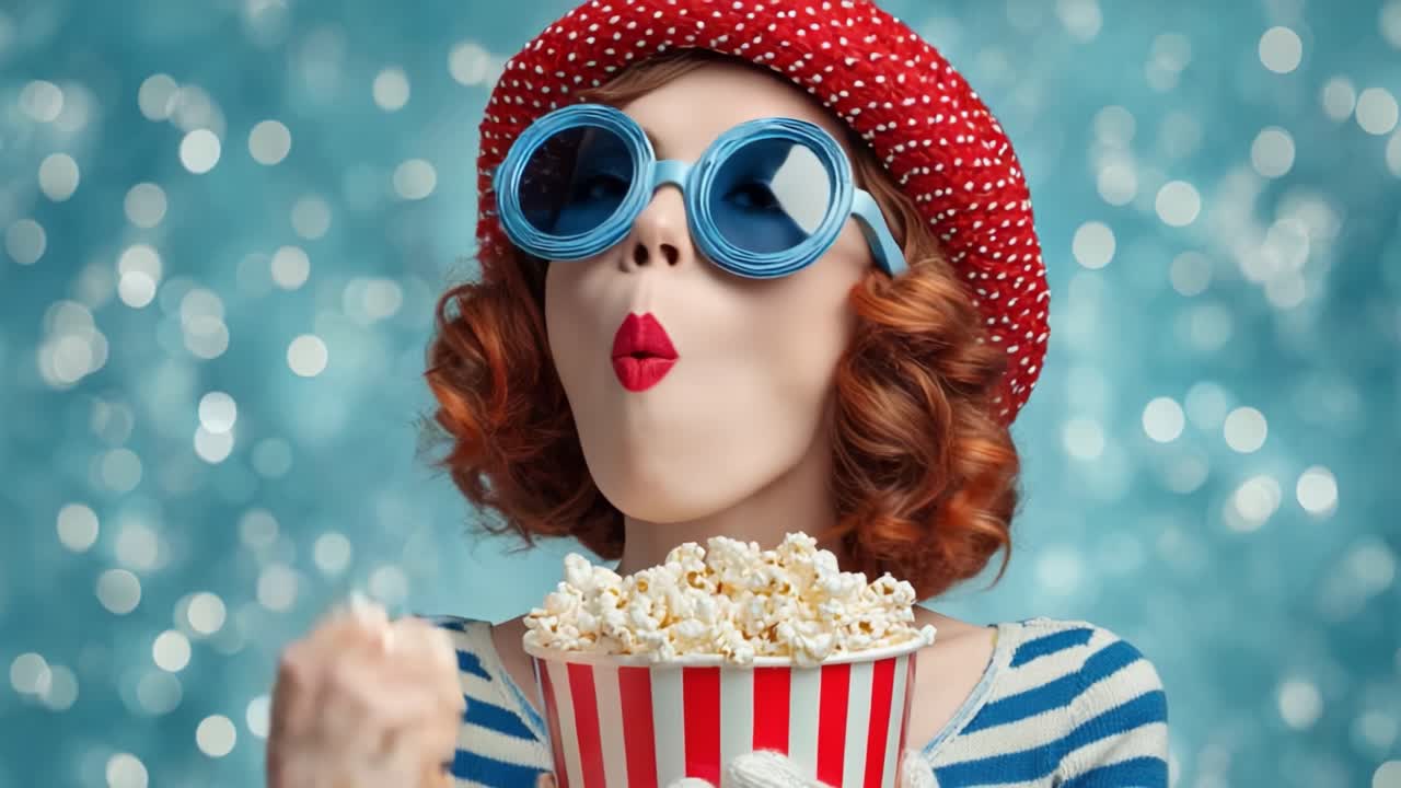 A Retro-Inspired Glamorous Lady Enjoys a Bowl of Popcorn Against a Blurry Blue Background, Showcasing a Stylish Hat and Bold Sunglasses for a Playful Cinematic Experience