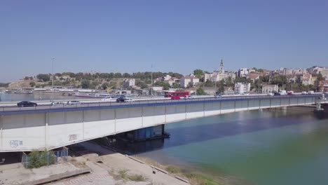 Ascending-aerial-shot-revealing-Branko-bridge-and-Kosancicev-venac-in-Belrade