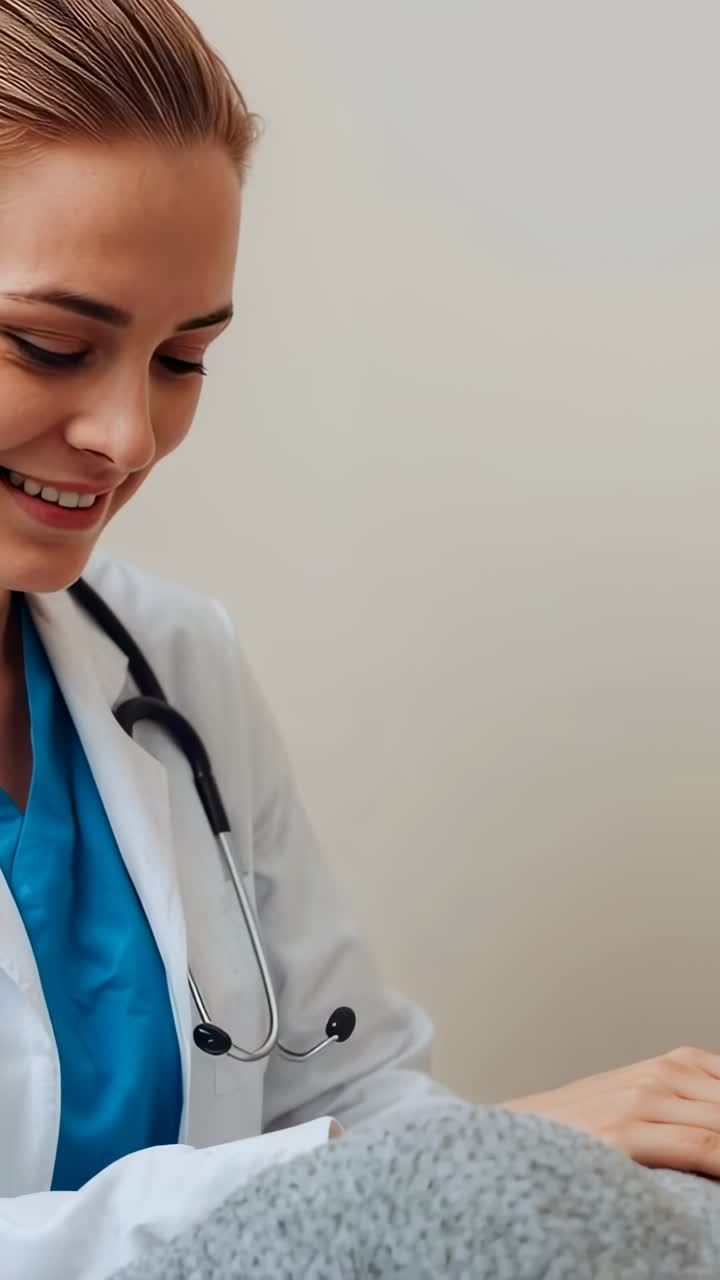Vertical video: Leaning doctor touching patient's arm during exam, blue scrubs lab coat, copy space