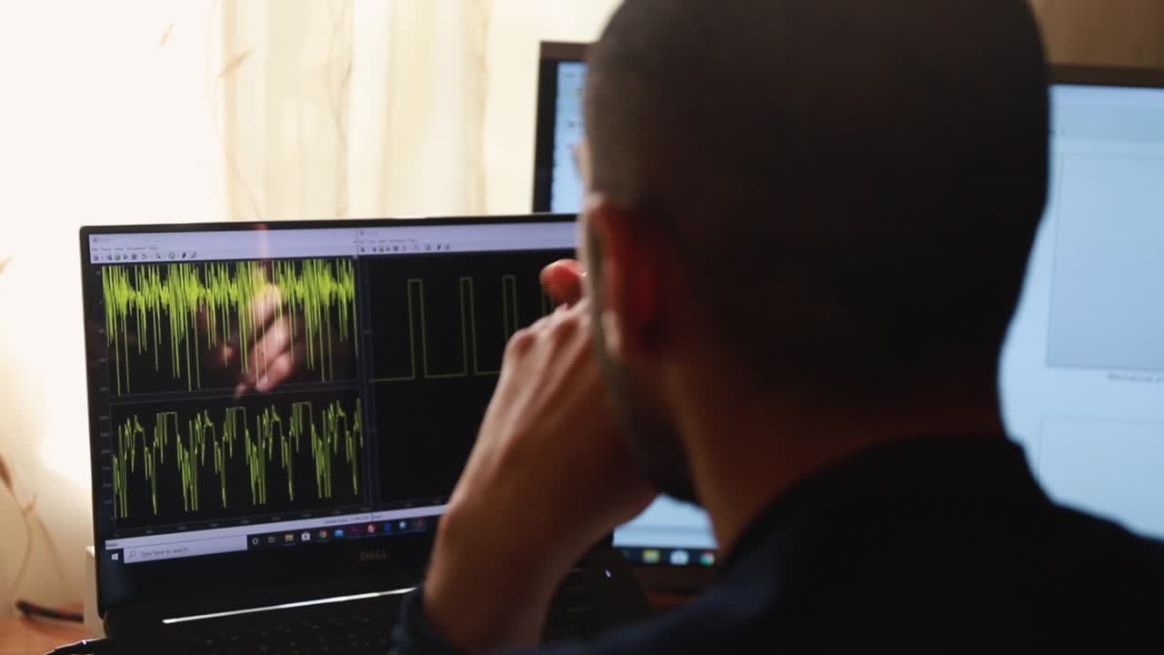 joven caucásico usa computadora portátil para analizar computación numérica, concepto matlab