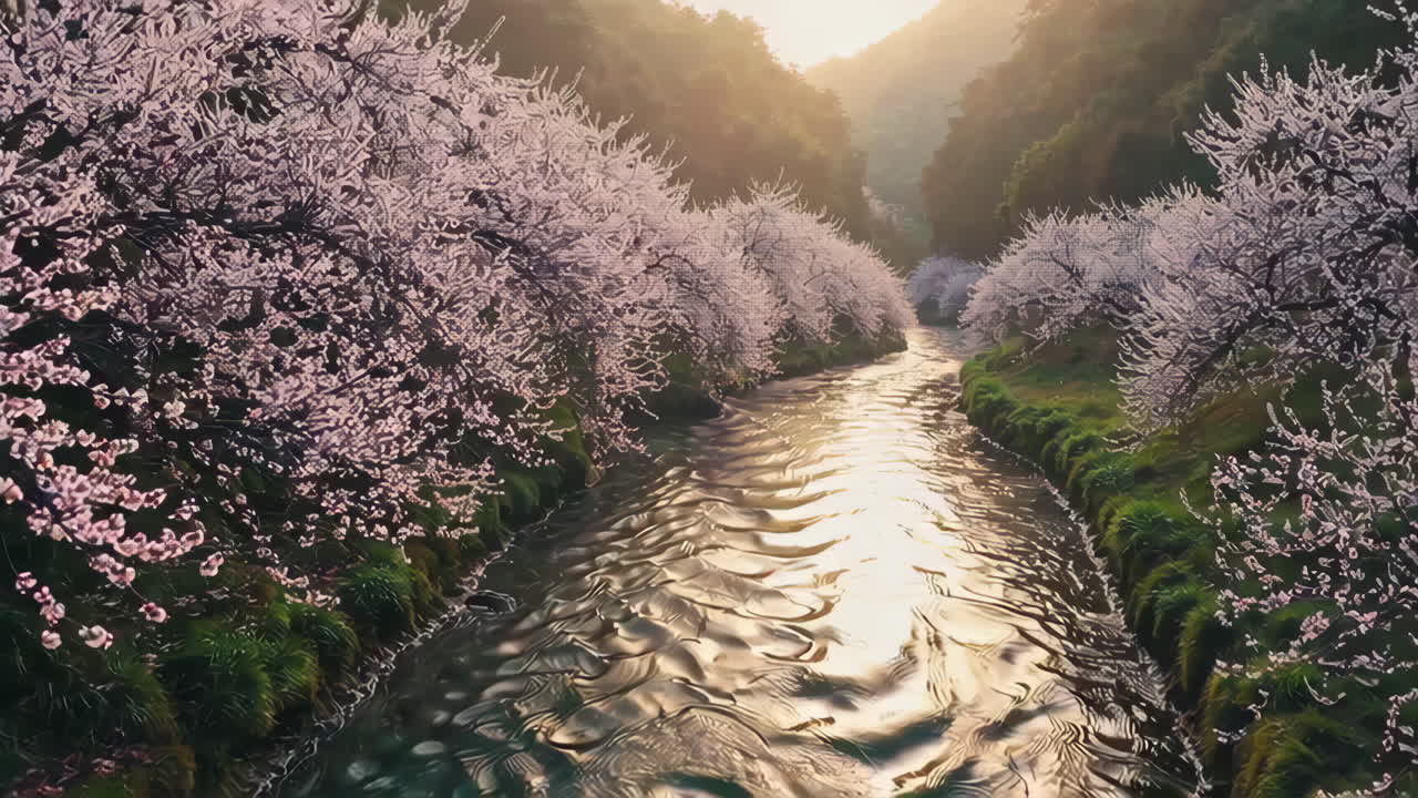 Beautiful Pink Cherry Blossoms Along a River in Spring
