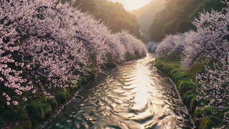 beautiful pink cherry blossoms along a river in spring