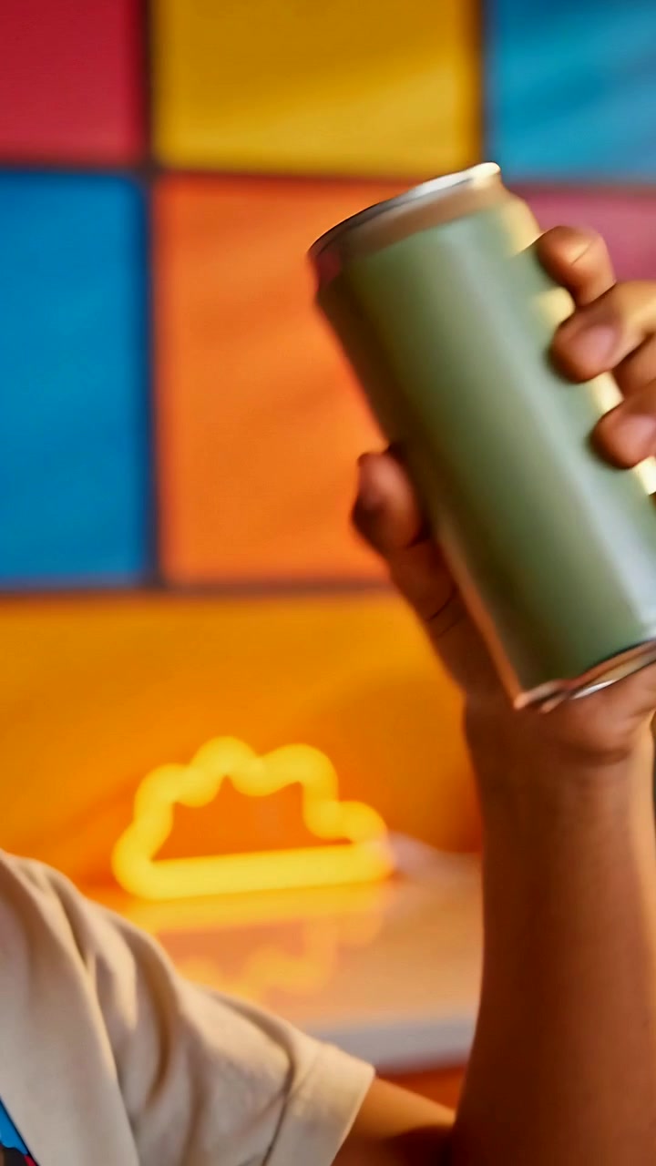 Vertical video: Entering left, hand tilting green can on counter, showing can bottom and neon cloud