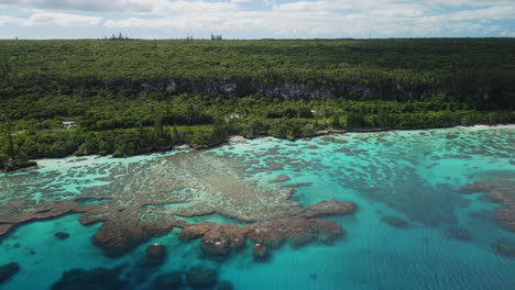 wide aerial tracking along coast of maré, second largest of loyalty islands