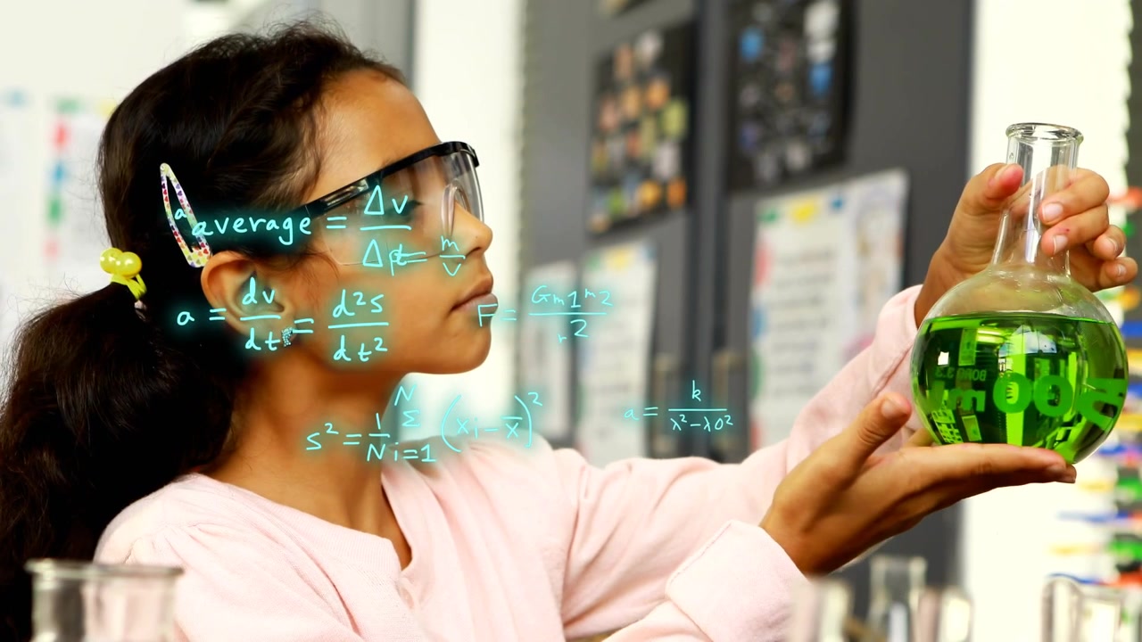 Girl learning science, reaching for flask, lifting inspecting green liquid, teal math overlaying
