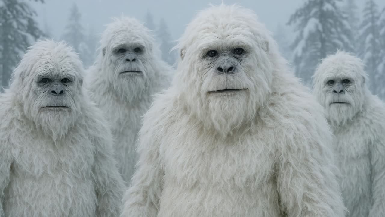 A video still of four yetis in a snowy forest. The frontal camera angle captures their curious