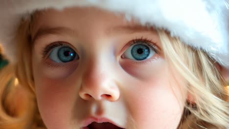 a little girl wearing a santa hat with blue eyes