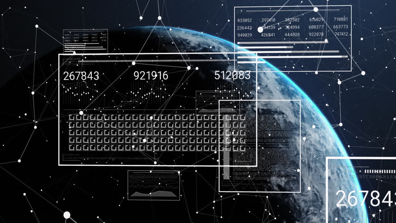 회전하는 지구에 대한 데이터 처리 및 연결 네트워크와의 인터페이스의 애니메이션