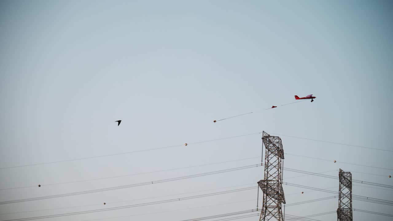 Falcon chasing a small plane with meat bait in Dubai desert with power wires