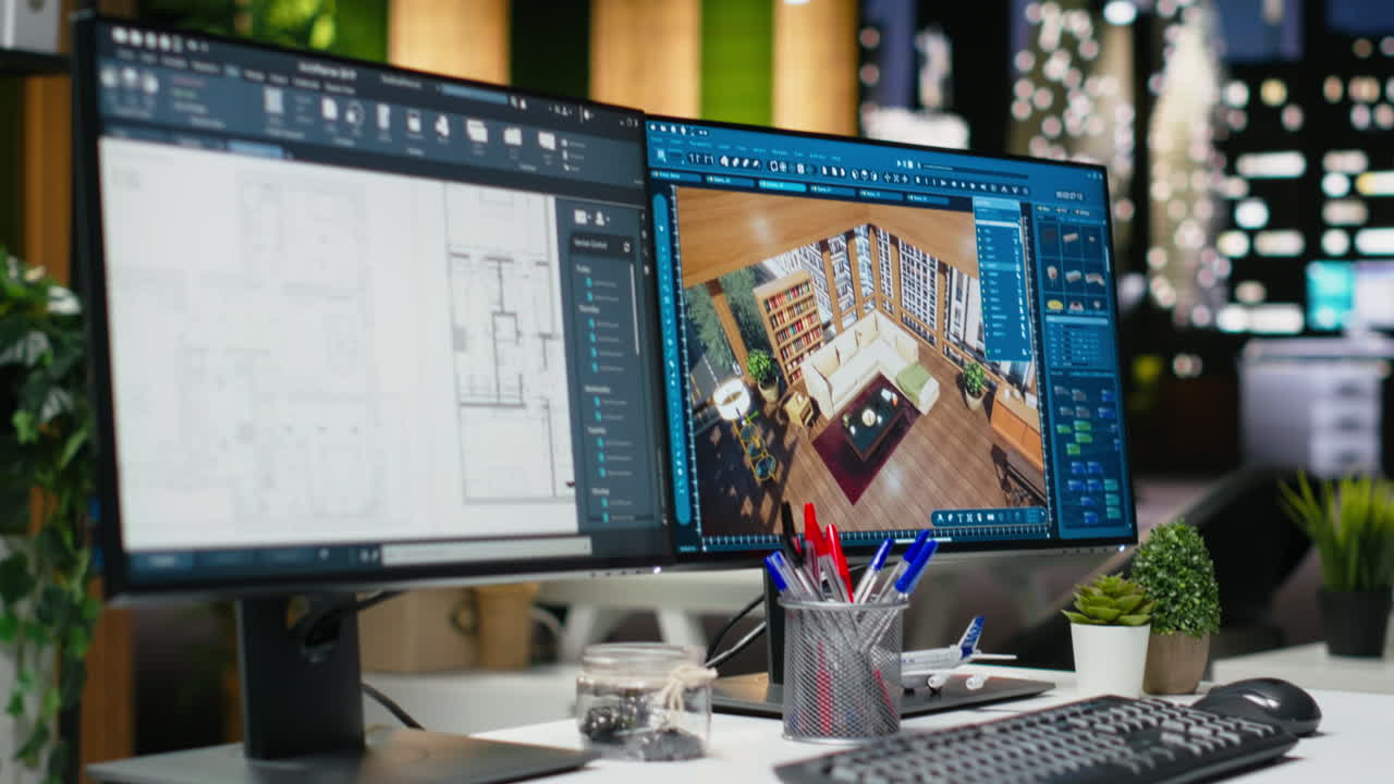 Empty design office with modern desk showcasing blueprint drafting