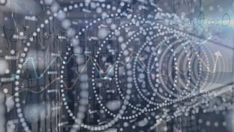 animation of dots forming spiral, lens flare, graph and digits over back panel of server machine