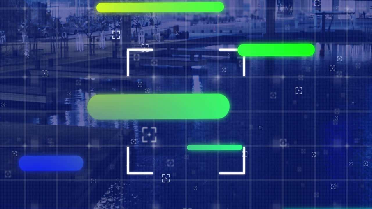 A scope and grid with a cityscape in the background