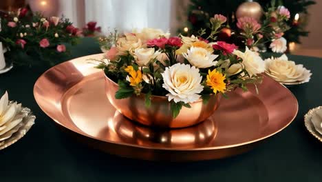 florista está componiendo un arreglo floral con rosas y otras flores coloridas en una bandeja redonda de cobre para una pieza central de navidad