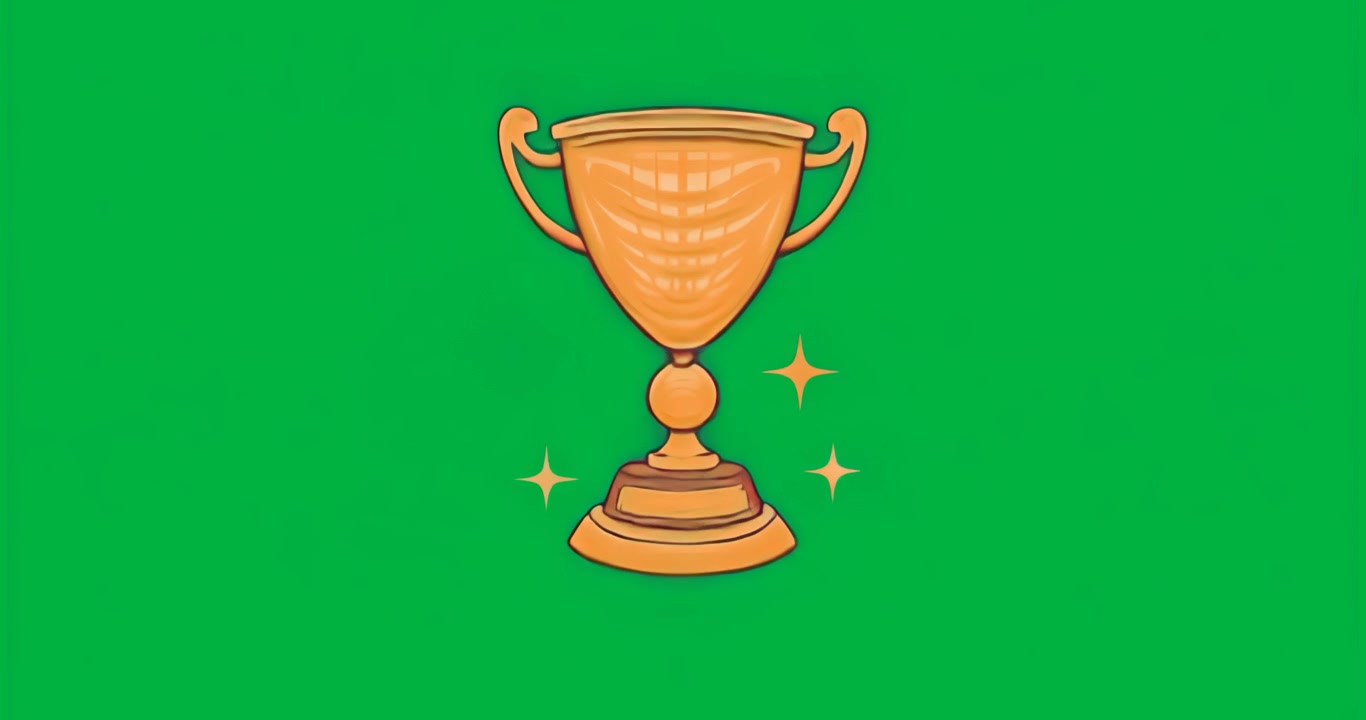 Trofeo d'oro sospeso su uno sfondo a mosaico blu trasparente con stelle pulsanti e che si scambiano, a indicare una vittoria