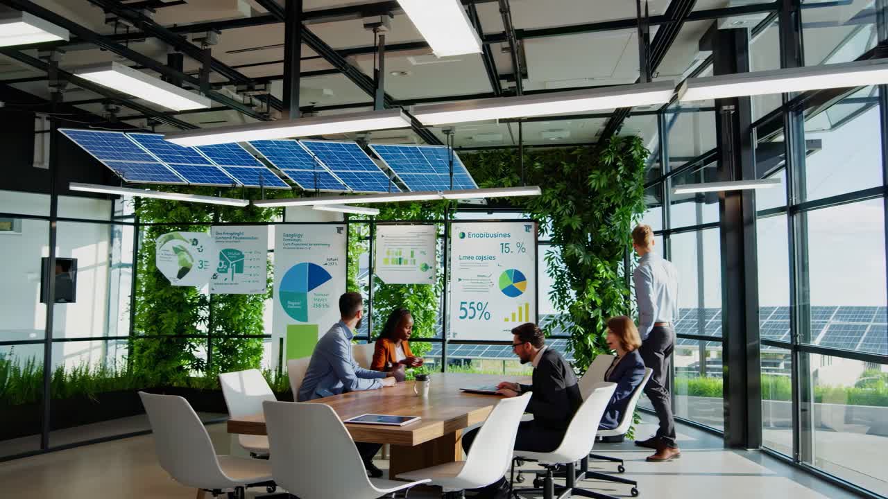 Businessman presenting in a modern office with city view, captured from a low-angle shot