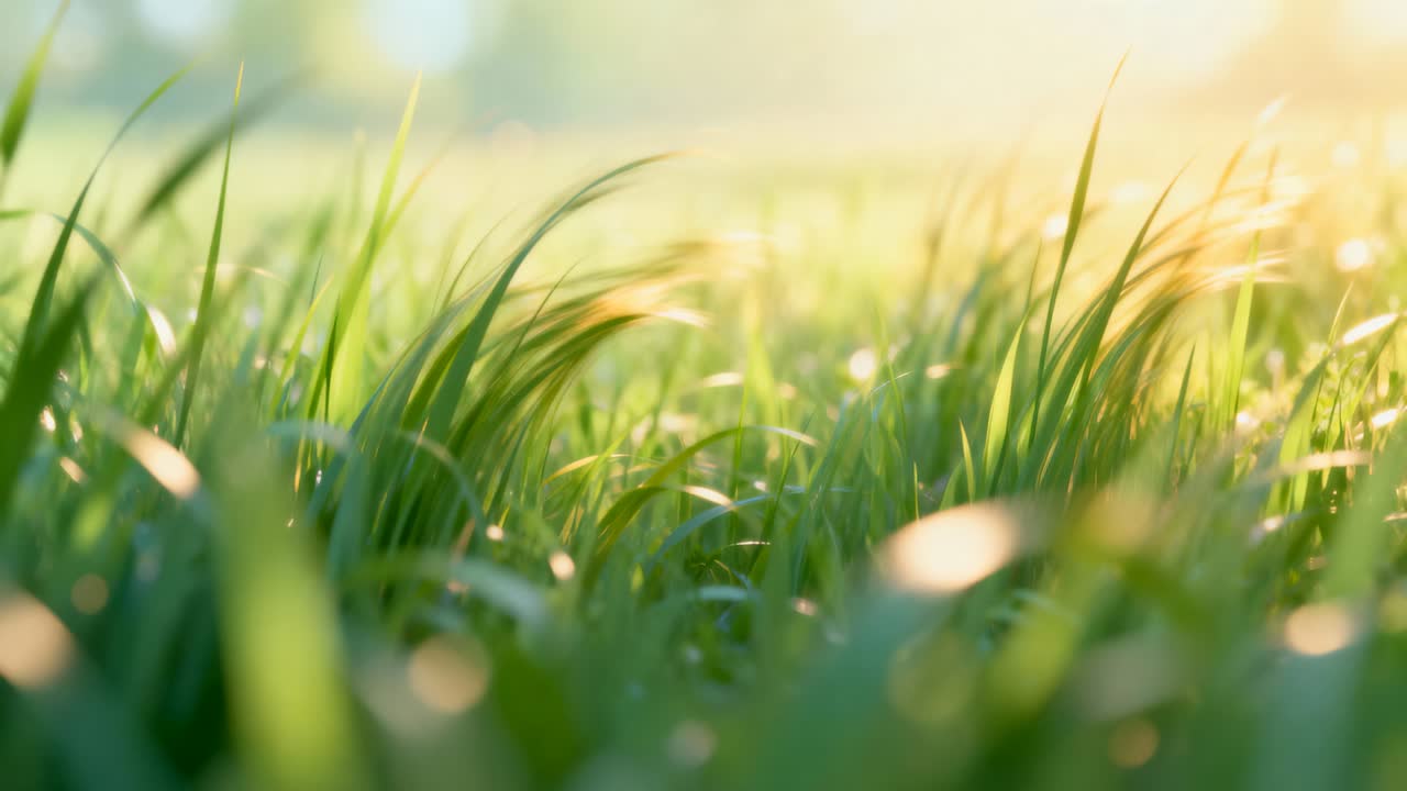 地面近くでそよ風に揺れる緑の草の葉、露とボケを伴う