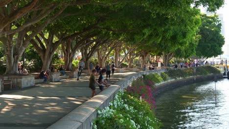 people strolling along the riverside clem jones promenade in south bank on the weekend, a tranquil oasis of brisbane lifestyle recreational precinct by the river, time-lapse shot.