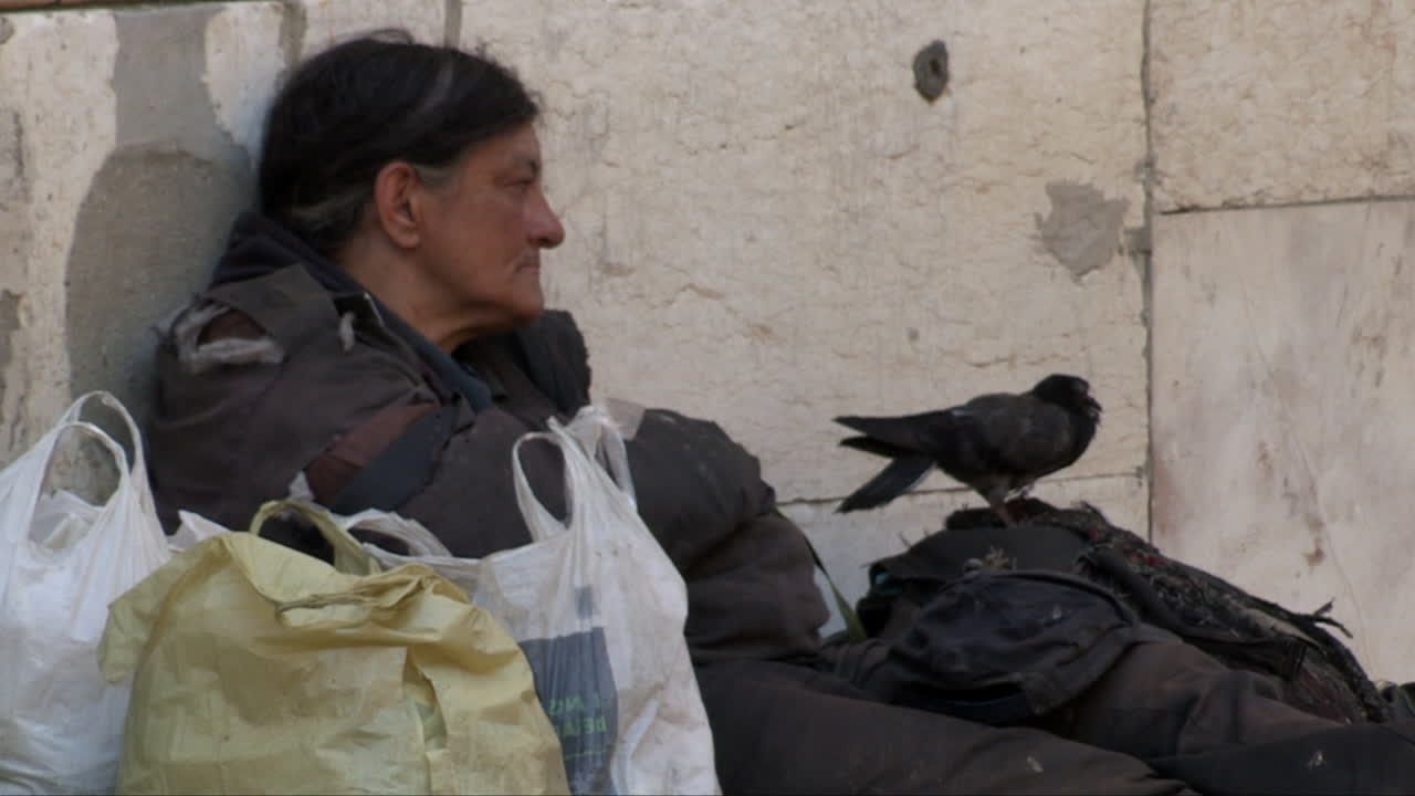 A homeless person sitting against a wall with a pigeon nearby